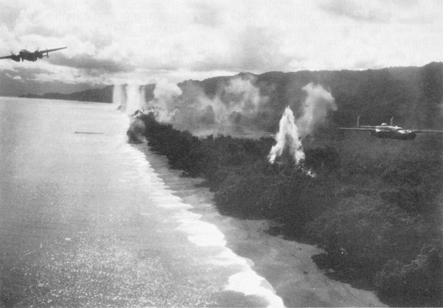 B-25 Medium Bombers leaving installations aflame in the Wewak area